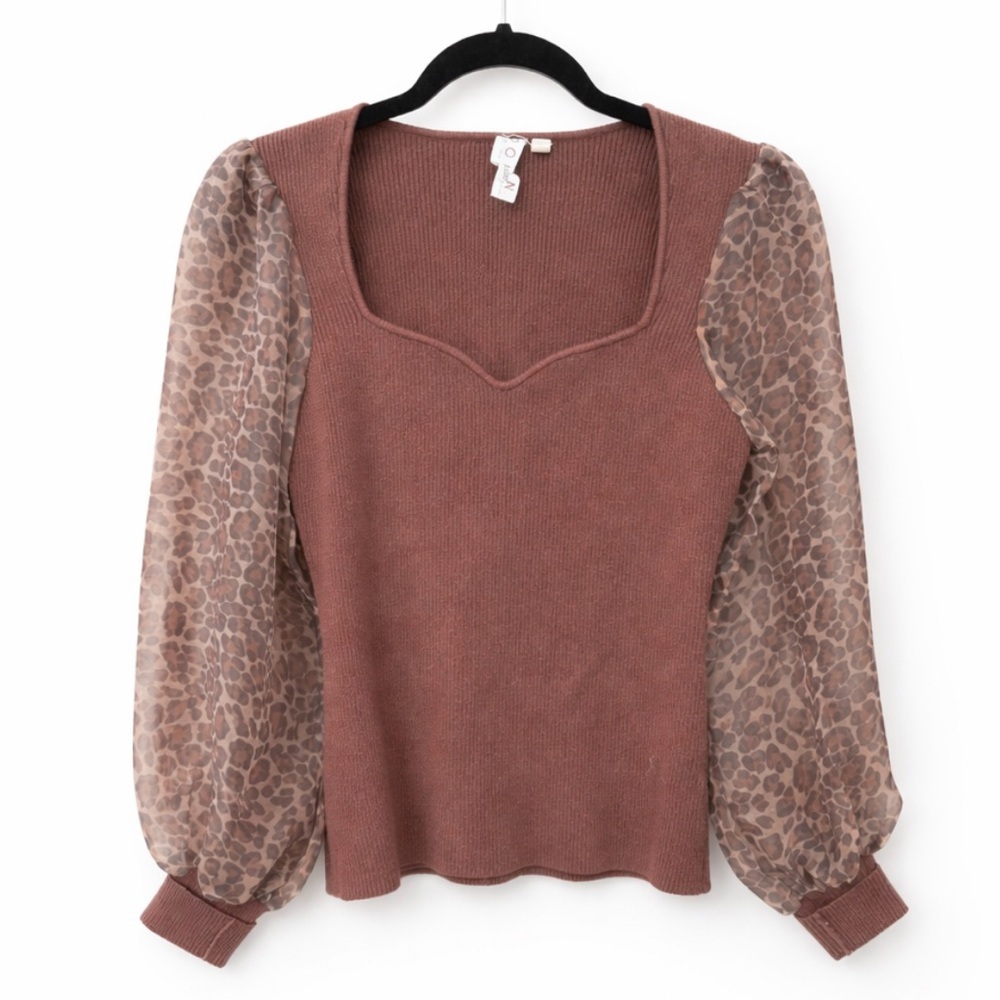 ANTHROPOLOGIE X DOLAN brown ribbed sheer leopard sleeve top shirt blouse